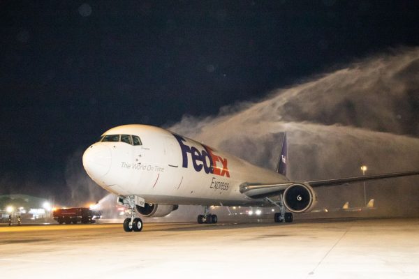 A water salute ceremony was held to welcome the first FedEx Boeing 767 Freighter that was used to kick start the new flight in the evening of October 31, 2023