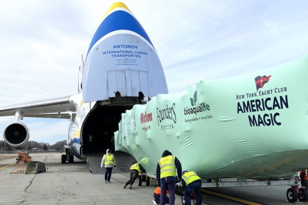 Ukrainian freighter Antonov Airlines has transported a high-tech 'flying' racing yacht to participate in one of the world's most prestigious and anticipated sailing events.