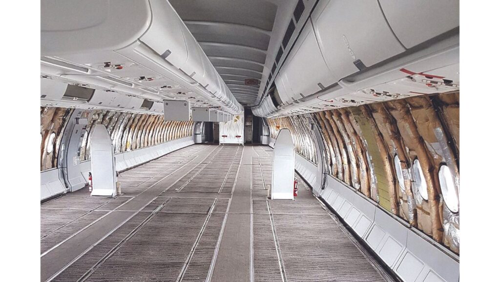 A widebody Airbus undergoing decontamination at Aerocycle