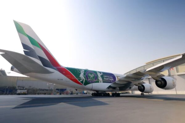 mirates marks its grand debut at The Championships, Wimbledon with a special A380 livery featuring the iconic Wimbledon logo placed in between two sporting silhouettes in action.