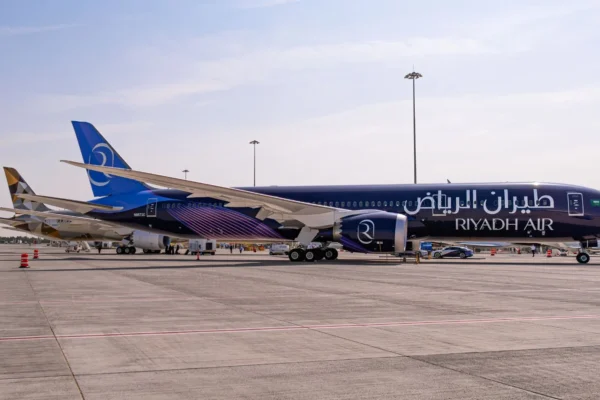 Riyadh Air showcases its new livery with aircraft parked at the Dubai World Airport during the Dubai Airshow 2023.