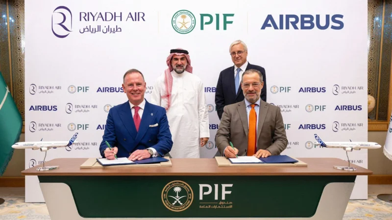 The deal was confirmed with a signing in Riyadh between Tony Douglas, chief executive of Riyadh Air, and Christian Scherer, chief executive of commercial aircraft at Airbus.