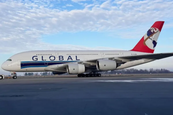 Global Airlines' Airbus A380, registration 9H-GLOBL.