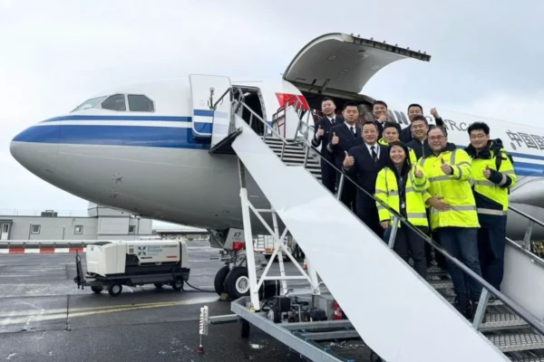 Air China Cargo flight crew are welcomed on their maiden flight to Glasgow Prestwick Airport.