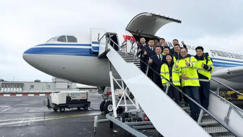 Air China Cargo flight crew are welcomed on their maiden flight to Glasgow Prestwick Airport.