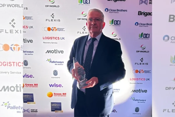 Nico Le Roux, Business Development Director, Glasgow Prestwick Airport, accepts the Air Freight Business of the Year Award on behalf of the airport at the 2025 Logistics UK Awards.