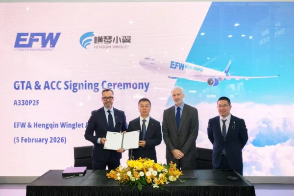 EFW and Hengqin Winglet held a signing ceremony for the A330P2F freighter conversion contract at the Singapore Airshow 2026.