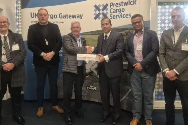 (left to right): Kevin Braidwood, Deputy Chief Executive, South Ayrshire Council, Jules Matteoni, Operations Director, Glasgow Prestwick Airport, Nico Le Roux, Cargo Business Development Director, Glasgow Prestwick Airport, Siddharth Malik, Consul General, and officials from the High Commission of India.