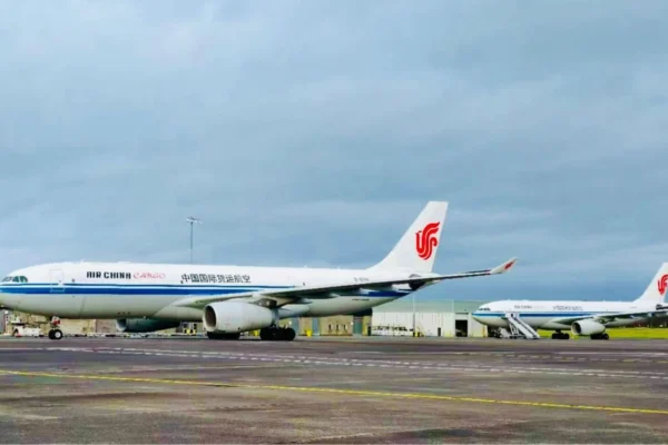 Two Air China Cargo Boeing 777 freighters prepare to be loaded at Glasgow Prestwick Airport.