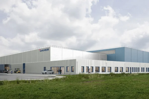 The new Daher Aircraft support and logistics facility at Jonzac-Neulles Airport, France, is shown in this architect’s concept image.