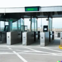 DALL·E 2023-07-13 10.23.21 - photograph of a toll booth at the entrance of an airport