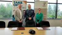 L-R: Rob Meyrick, site director at Ontic’s Cheltenham site; Wing Commander Alex Drake; Clare Lakey, HR director for Ontic’s UK and Asia operations.