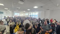 Arriving passengers queue at Zakynthos Airport, Greece in May this year (Image, Rob Munro)