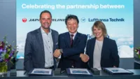 L-R: Dennis Kohr (Senior Vice President Corporate Sales Asia Pacific at Lufthansa Technik), Kyohei Takizawa (Vice President of Aircraft and Engineering Procurement at Japan Airlines), Berit Plewinsky (Vice President Commercials Aircraft Component Services at Lufthansa Technik). Credit: Lufthansa Technik