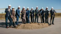 (L-R): MP Matt Jeneroux, YEG Board Member Mona Hale, MLA Brandon Lunty, Leduc County Mayor Tanni Doblanko, YEG President & CEO Myron Keehn, Terracap Management Inc. CEO Larry Krauss, Leduc Mayor Lars Hansen, CEO of EFC Aviation Ryan Albizzati, Edmonton Global Vice President, Business Development Brent Jensen, YEG Director, E-Commerce, Cargo and Aviation Real Estate Alex Lowe.
